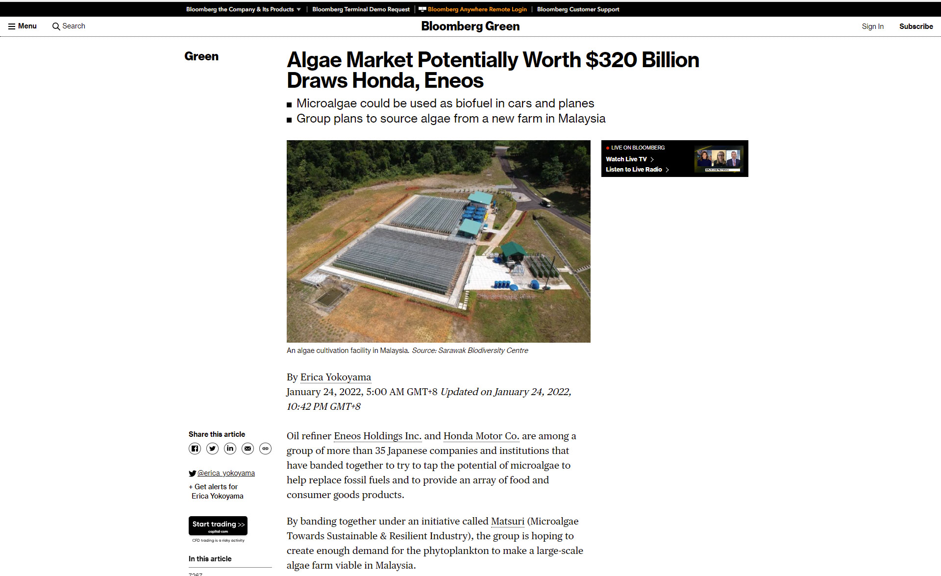 Bloomberg - Algae market potentially worth $320 Billion draws Honda, Eneos