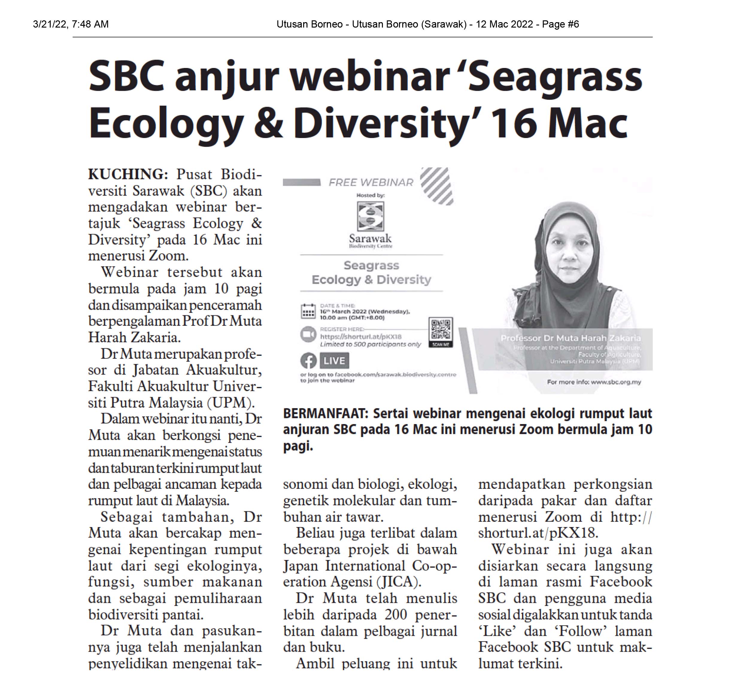 SBC anjur webinar Seagrass Ecology & Diversity 16 Mac