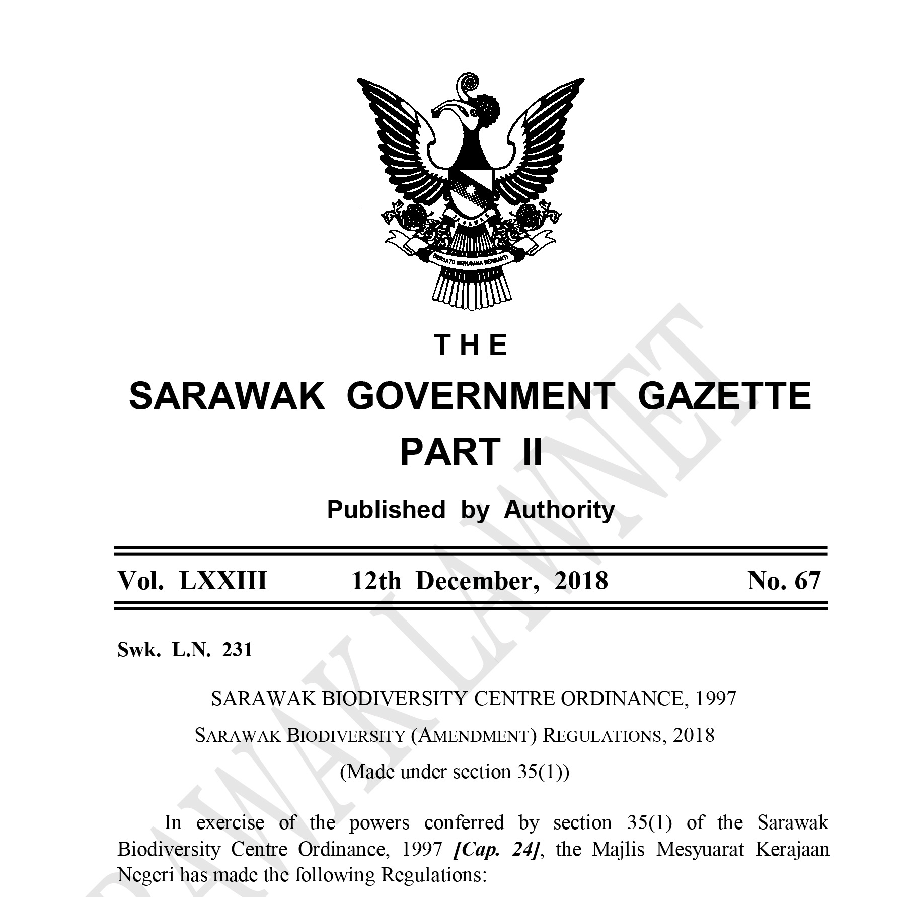 Sarawak Biodiversity Regulations (Amendment) 2018