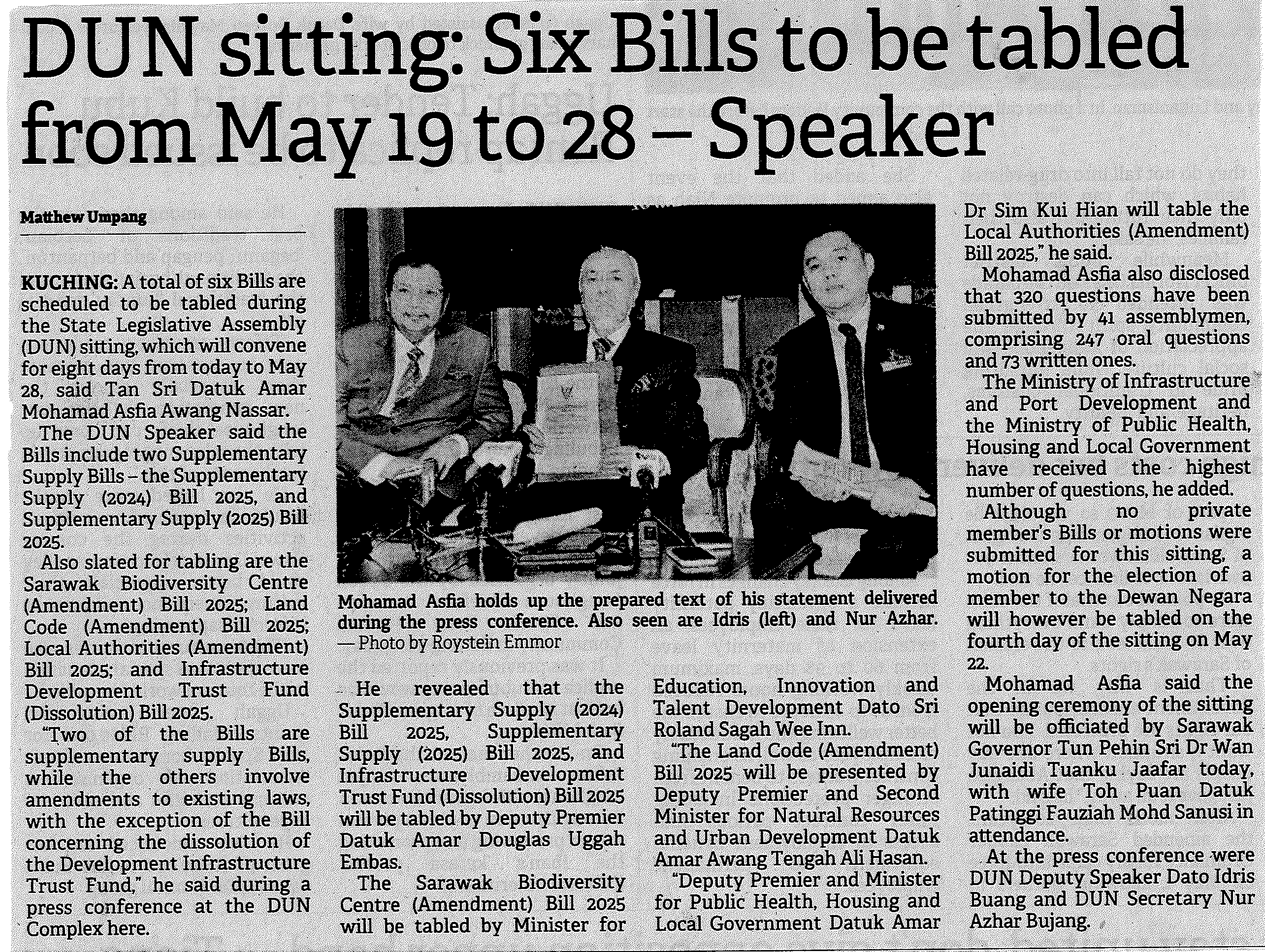 Borneo Post - DUN sitting: Six Bills to be tabled from May 19 to 28 - Speaker