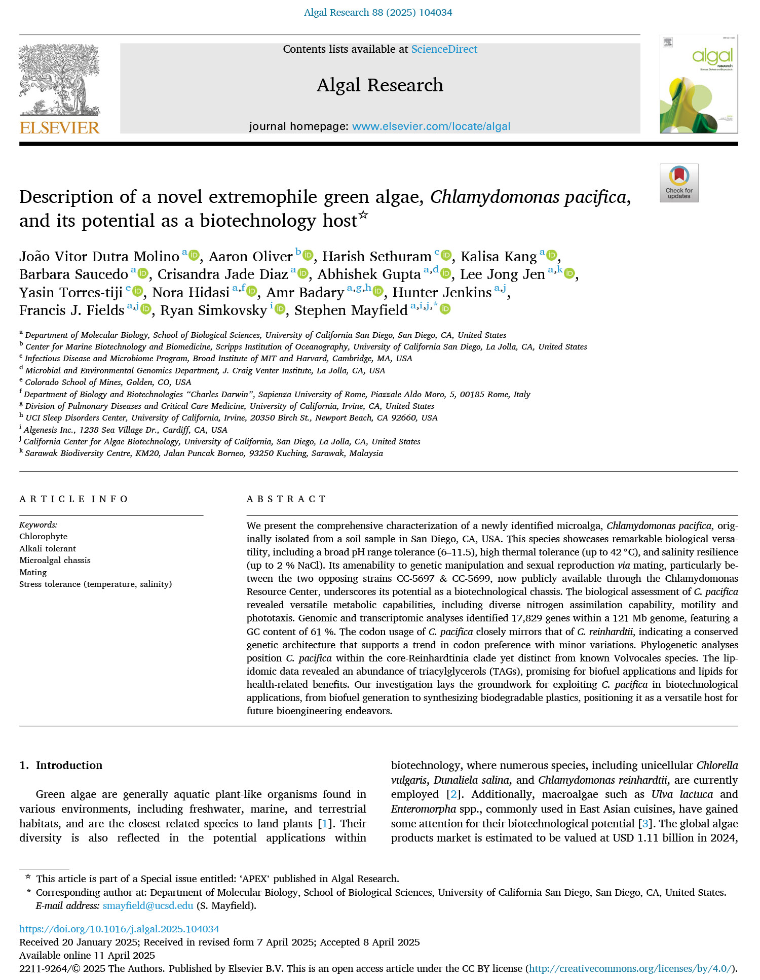 Description of a novel extremophile green algae, Chlamydomonas pacifica, and its potential as a biotechnology host