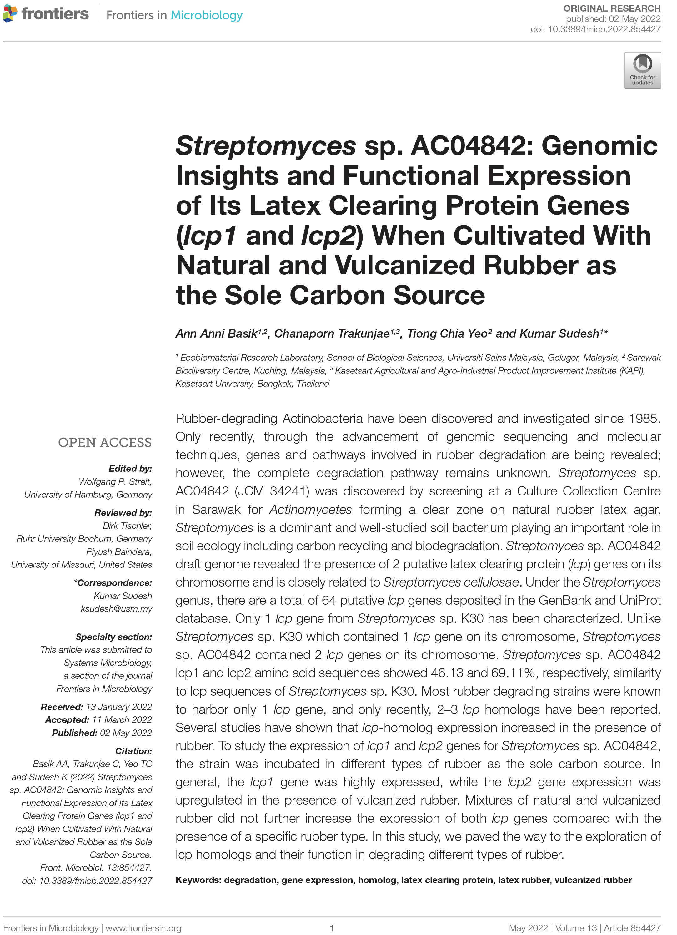 Streptomyces sp. AC04842: Genomic Insights and Functional Expression of Its Latex Clearing Protein Genes (lcp1 and lcp2) When Cultivated With Natural and Vulcanized Rubber as the Sole Carbon Source